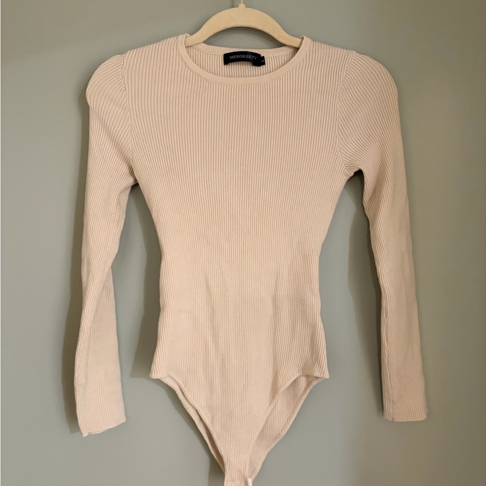 Cream Ribbed Long-Sleeve Bodysuit - Picture 2 of 6